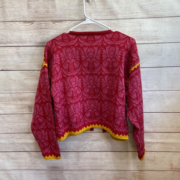 OLEANA PINK AND RED FLORAL‎ OPEN FRONT CARDIGAN SWEATER WITH BROCADE RIBBON TRIM - Picture 7 of 8